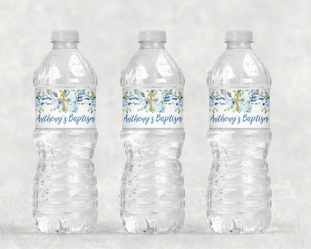 Baptism Water Bottle Labels Blue Floral, Boys Baptism Decorations
