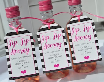 Mini Wine Bottle Favor Tags, Bridal Shower Favors, Wedding Favors, Mini Champagne Tags, Mini Wine Bottle Favors, Hot Pink Black - Set of 12