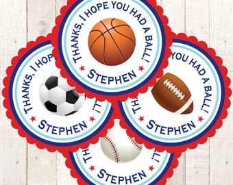 Sports Birthday Party Favor Sticker Labels, Football, Soccer, Basketball, Baseball, Thank You Tags, All Star Birthday Party - Set of 24