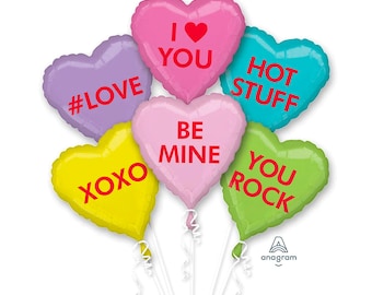 Valentines Day Candy Hearts Balloon Bouquet Foil Mylar 18 inch Balloons, Valentines Day Conversation Hearts Balloon, Party Decorations