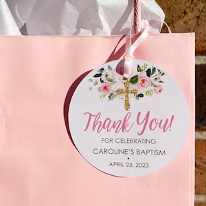 Baptism Favor Tags Girl First Holy Communion Favor Tags Thank You Tags Baby Christening Pink Floral Gold Cross Personalized - Set of 12