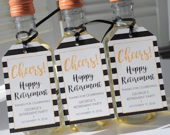 Retirement Party Favor Tags, Happy Retirement, Mini Wine Bottle Tags, Mini Champagne Tags, Retired Personalized Favors - Set of 12