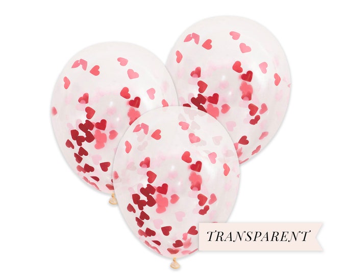 Red Heart Confetti Balloons 16 Transparent Balloons, Valentine's Day Balloons, Baby Girl Shower
