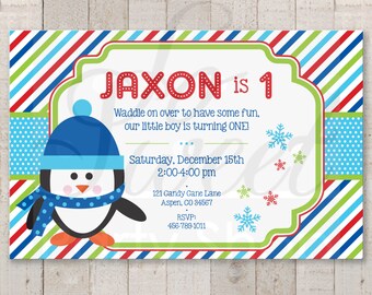 Penguin 1st Birthday Invitations - Boy Penguin Birthday Party Invitations - Winter Onederland Birthday Party Decorations - Set of 10