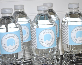 Boys Elephant Baby Shower Water Bottle Labels - It's A Boy Baby Shower Decorations - Blue and Gray Chevron - Set of 10