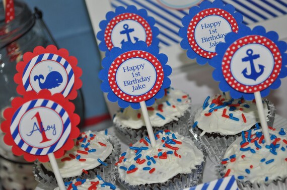 Nautical 1st Birthday Cupcake Toppers Boys 1st Birthday