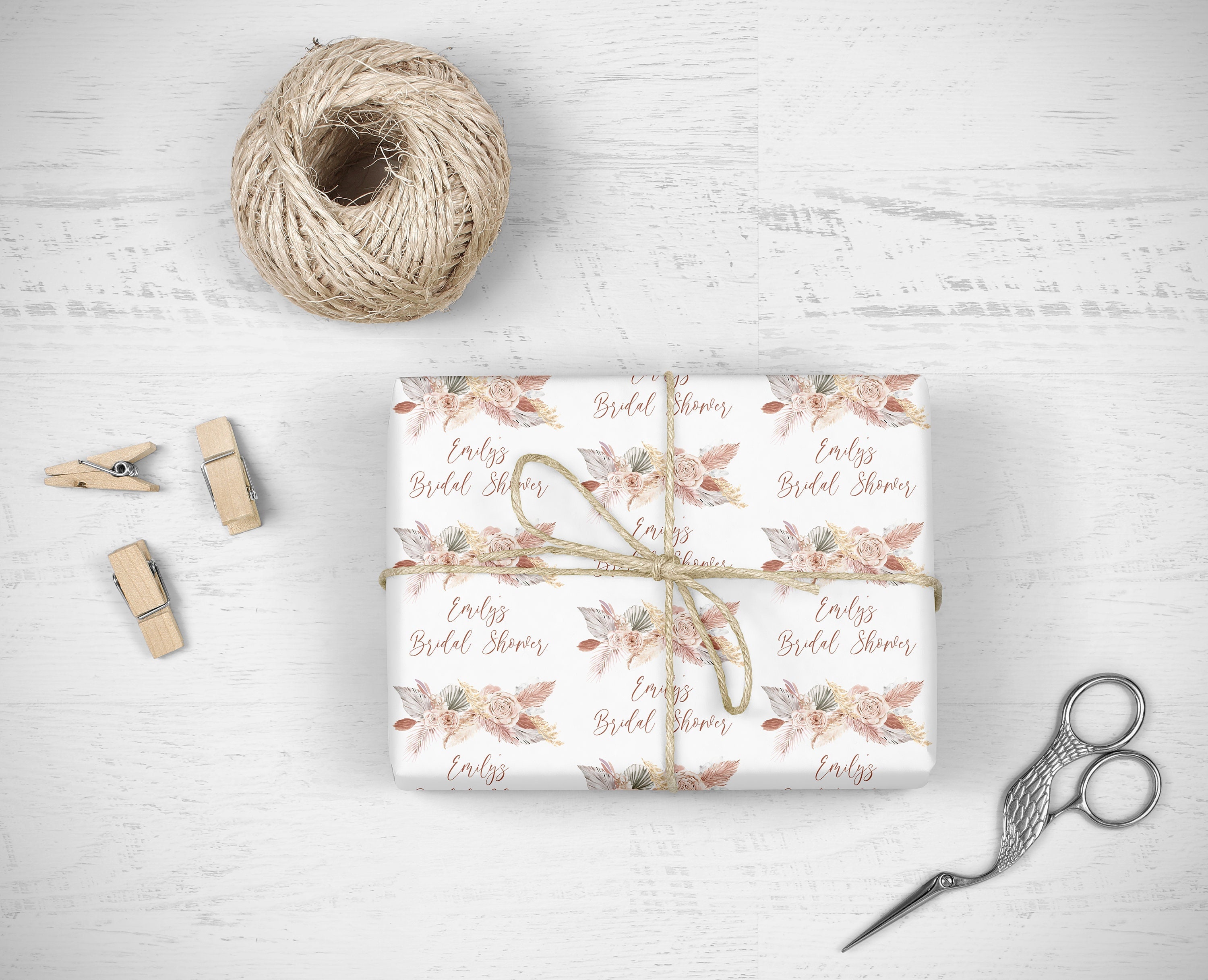 Bridal Shower Wrapping Paper Boho Floral Pampas Grass Neutral