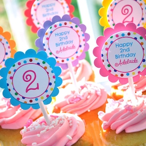 Birthday Cupcake Toppers - Birthday Party Decorations - 1st Birthday Cupcake Toppers - Colorful Polkadots - Rainbow Birthday - Set of 12