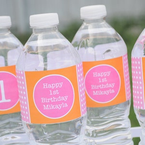 Water Bottle Labels Personalized Drink Labels 1st Birthday Party Decorations Orange, Pink and White Polkadots Set of 10 image 1
