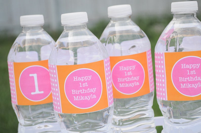 Water Bottle Labels Personalized Drink Labels 1st Birthday Party Decorations Orange, Pink and White Polkadots Set of 10 image 1