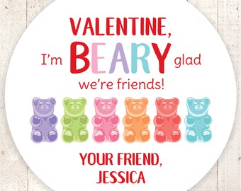 Gummy Bears Valentines Day Stickers, Kids Bear Valentines Day Cards, Treat Bag Stickers, Classroom Valentines - Set of 24 Stickers