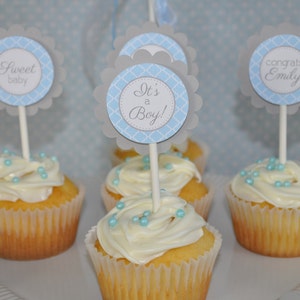 Boys Baby Shower Cupcake Toppers Blue and Gray Boy Baby Shower Decorations Baby Shower Decorations Set of 12 image 1