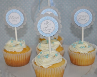 Boys Baby Shower Cupcake Toppers - Blue and Gray - Boy Baby Shower Decorations - Baby Shower Decorations - Set of 12