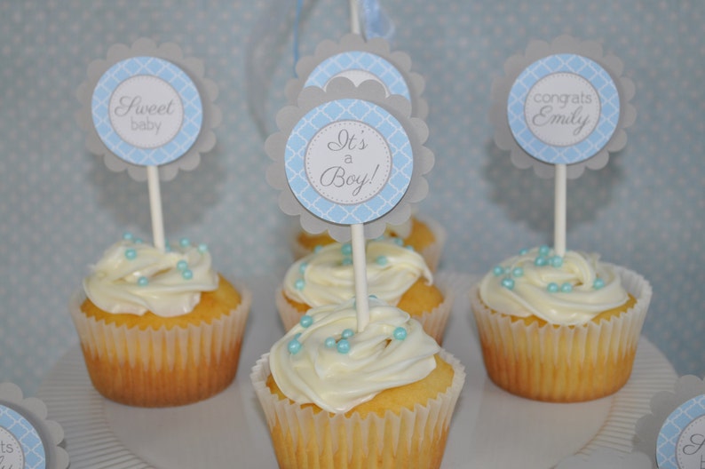 Boys Baby Shower Cupcake Toppers Blue and Gray Boy Baby Shower Decorations Baby Shower Decorations Set of 12 image 1