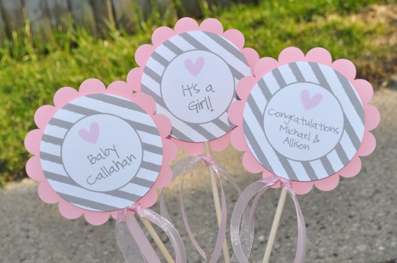 Girls Baby Shower Centerpieces - Pink and Gray - Baby Shower Decorations - Heart and Stripe - Set of 3 Il_570xn