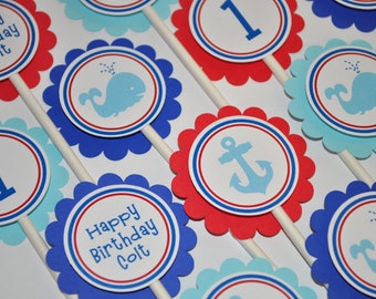 Nautical 1st Birthday Cupcake Toppers, Whale Anchor Birthday Decorations, Boys 1st Birthday, Kids Party Ideas, Red, White & Blue - Set of 12