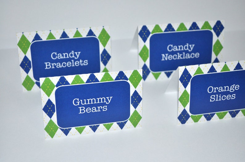 Boys Birthday Food Labels, Buffet Labels, Place Cards, Boys 1st Birthday Golf Decorations, Argyle Birthday, Green and Blue Set of 12 image 1