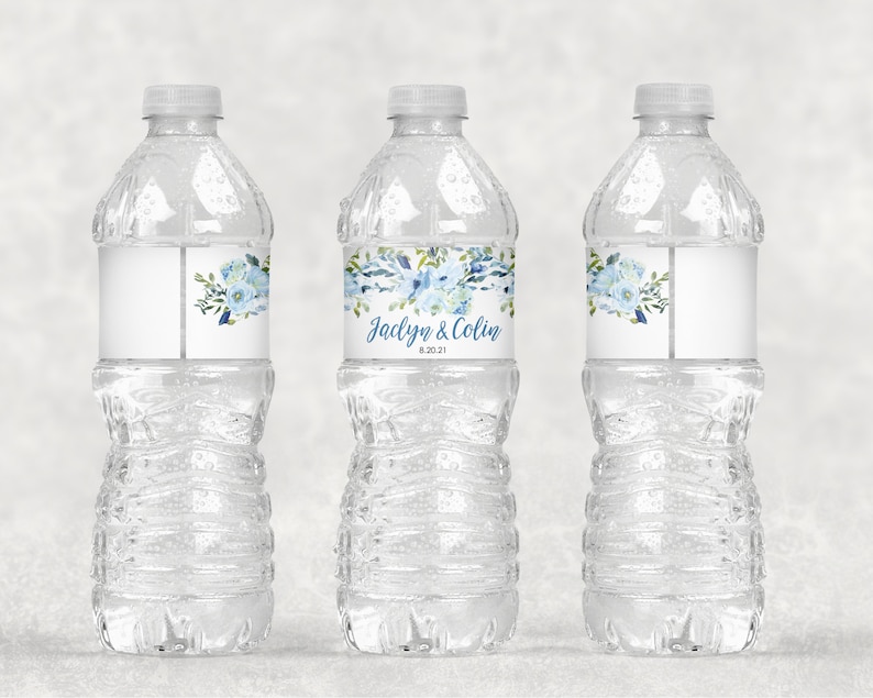 Wedding Water Bottle Labels Blue Floral, Bridal Shower Water Bottle Labels Waterproof Bottle Wraps Set of 10 image 2