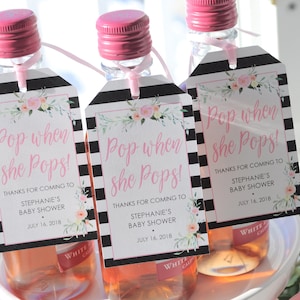 Baby Shower Favor Tags for Mini Wine Bottles, Baby Shower Favors Mini Champagne Tags, Personalized Tags Pop When She Pops Set of 12 image 3