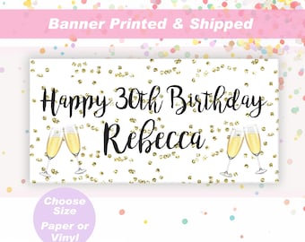Personalized Birthday Banner Party Decorations Black Gold Birthday Party Sign Any Age Milestone Birthday Custom Printed and Shipped