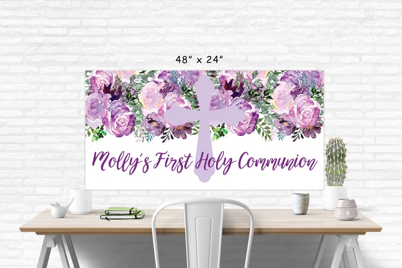 First Holy Communion Banner Girl, 1st Communion Party Decorations, Purple Floral Communion Banner Printed & Shipped image 4