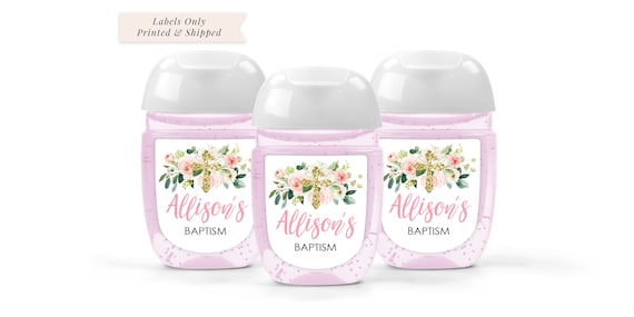 Baptism Hand Sanitizer Favor Labels Hand Sanitizer Labels, Baptism Christening Favors Blush Floral Gold Cross - Set of 30 Labels Il_570xn