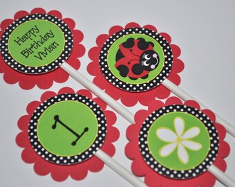 Ladybug Birthday Cupcake Toppers - Girls Birthday Party - Personalized Party Decorations - Ladybug and Daisy - Red, Green, Black - Set of 12