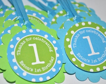 Boys 1st Birthday Favor Tags, Boys Birthday Party Decorations, Bright Pool Blue, Bright Green and White Polkadots - Set of 12 Tags