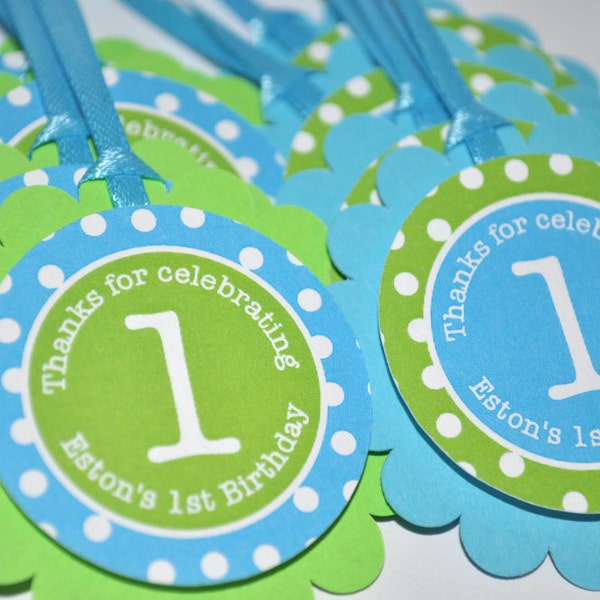 Boys 1st Birthday Favor Tags, Boys Birthday Party Decorations, Bright Pool Blue, Bright Green and White Polkadots - Set of 12 Tags