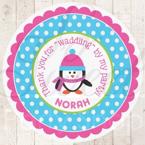 Girls Penguin Birthday Favor Sticker Labels - Girls Penguin Birthday Party - Winter Onederland Birthday Party Decorations - Set of 24