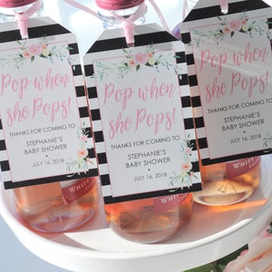 Baby Shower Favor Tags for Mini Wine Bottles, Baby Shower Favors Mini Champagne Tags, Personalized Tags Pop When She Pops Set of 12 image 2