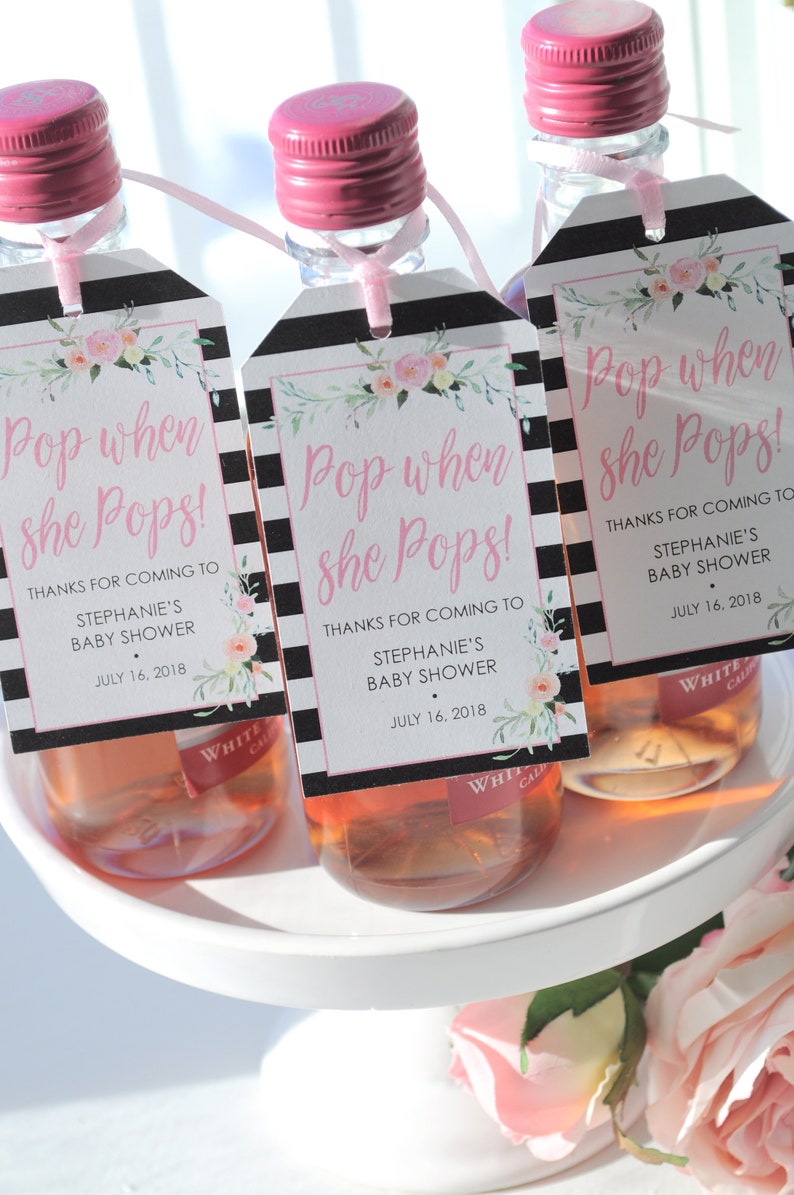 Baby Shower Favor Tags for Mini Wine Bottles, Baby Shower Favors Mini Champagne Tags, Personalized Tags Pop When She Pops Set of 12 image 2