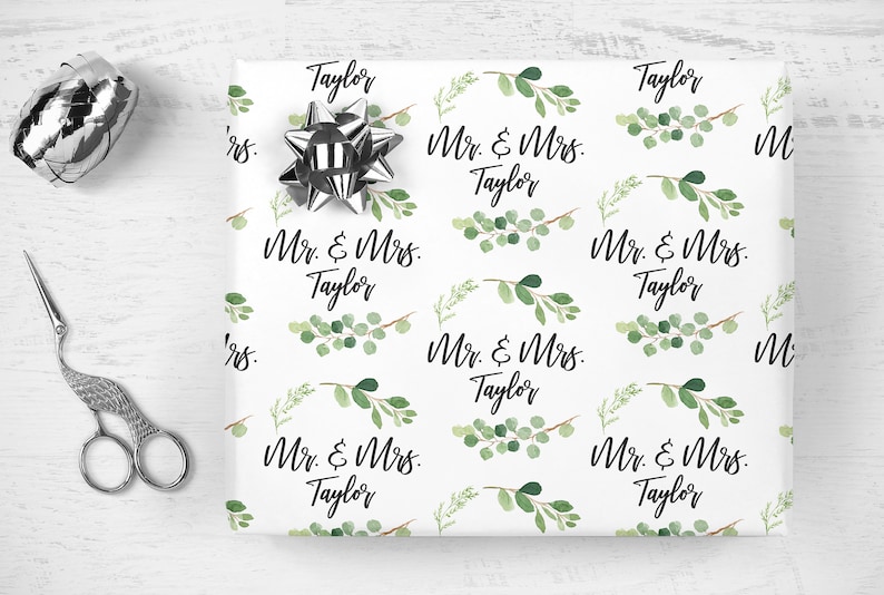 Wedding Wrapping Paper Greenery Leaf, Personalized Wedding Gift Wrap Sheets, Unique Present Wrapping Paper Bridal Shower image 3