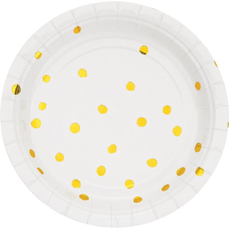 White and Gold Foil Dot Cake Plates, Party Supplies Paper Plates, Retirement Party Dessert Plates Tableware, Bridal Shower Decor, Graduation image 1