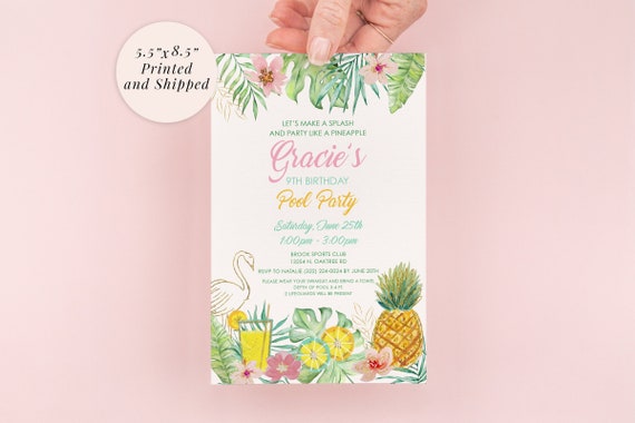 Tropical Birthday Party Invitations, Summer Pool Party Invitations, Flamingo Pineapple Birthday Invites - Set of 10 Il_570xn