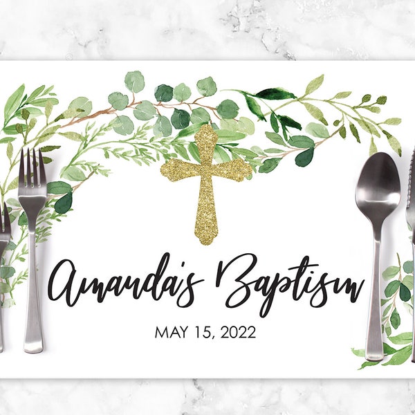 Baptism Paper Placemats Greenery Leaves Decorations Tableware Disposable Personalized Placemats - Printed & Shipped Set of 6