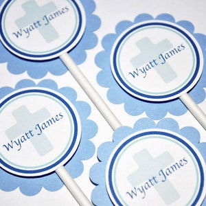 Baptism Cupcake Toppers, Boys Blue Baptism, First Holy Communion Cupcake Toppers, Christening Party Decorations - Set of 12