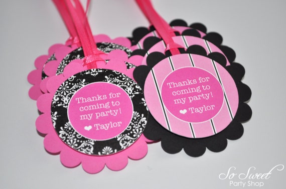 12 Favor Tags Birthday or Baby Shower - Pink and Black Damask and Stripe - Birthday Decorations Il_570xn