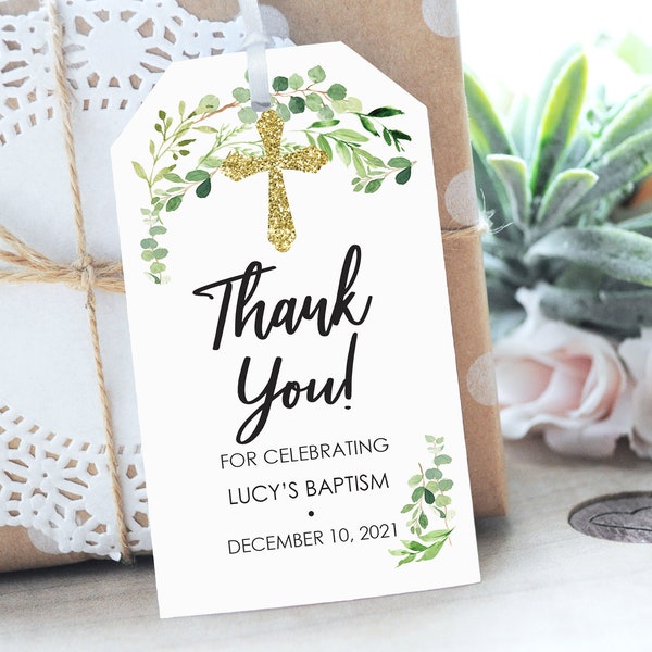 Baptism Favor Tags Greenery Leaves Gold Cross, First Holy Communion Thank You Tags Favor Tags, Baby Christening - Set of 12