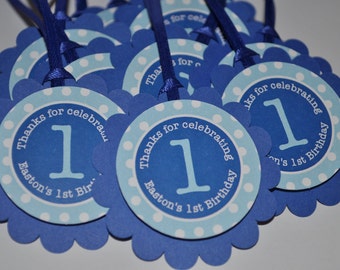 Birthday Party Favor Tags - Boys 1st Birthday Favors - Dark Blue and Light Blue Polkadot - Boys Birthday Party Decorations - Set of 12