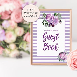 Wedding Guest Book Sign 5x7 Print, Bridal Shower Sign, Guest Book Table Wedding Sign, Baby Shower Signs, Purple Floral PRINTED & SHIPPED!