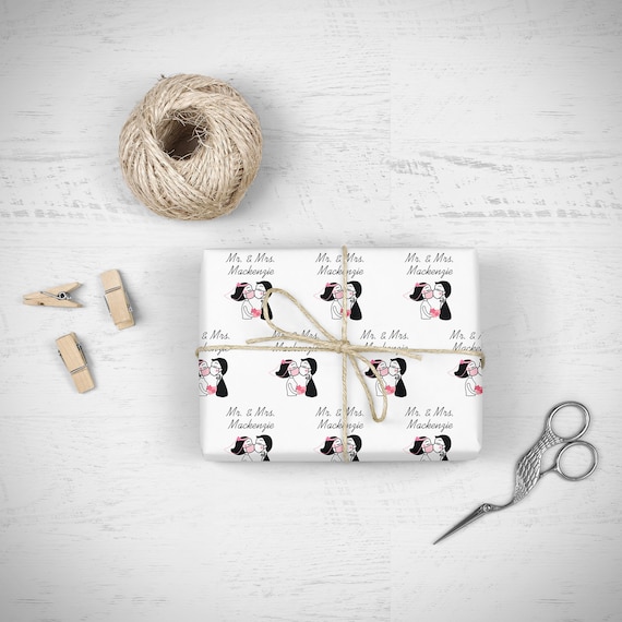 Covid Wedding Mask Wrapping Paper, Personalized Gift Wrap Mr & Mrs Last Name, Bride and Groom Wrapping Paper, Quarantine Wedding Gift Wrap Il_570xn