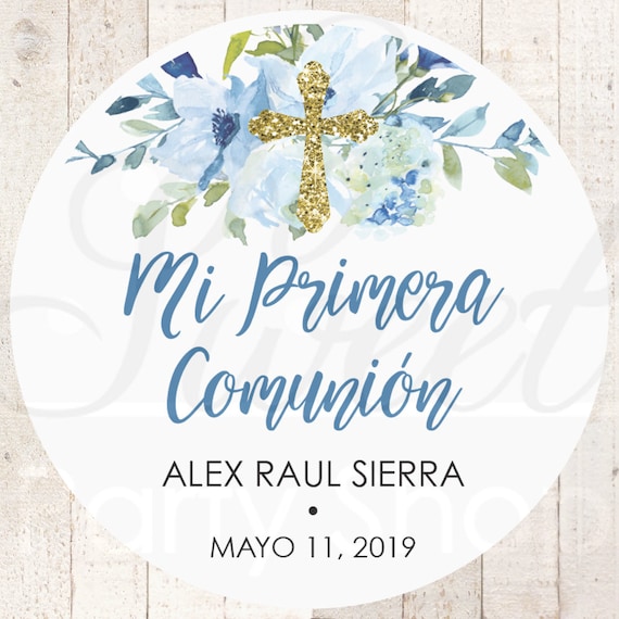 Mi Primera Comunión Spanish Thank You Favor Stickers, Boys Communion Favor  Stickers, Baptism Favors, Christening Blue Floral - Set of 24