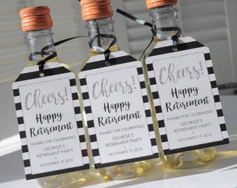 Retirement Party Favor Tags, Happy Retirement, Mini Wine Bottle Tags, Mini Champagne Tags, Silver Retirement, Cheers Retired - Set of 12