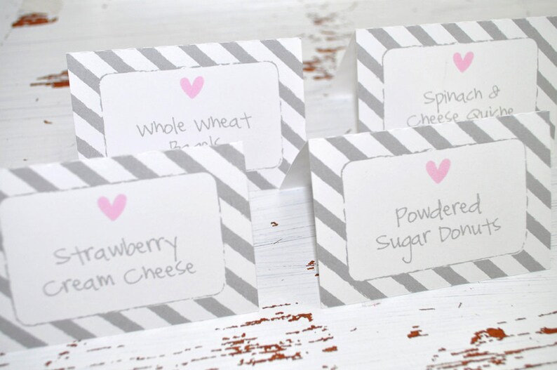Girls Baby Shower Food Label Buffet Cards Or Placecards Pink And Gray Baby Shower Candy Buffet Labels Heart And Stripe Set Of 12