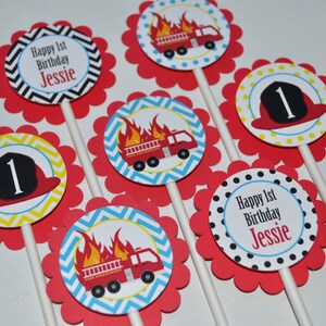 Fire Truck Birthday Cupcake Toppers - Firefighter Birthday Decorations - Boys Firetruck Theme Party - Set of 12