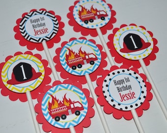 Fire Truck Birthday Cupcake Toppers - Firefighter Birthday Decorations - Boys Firetruck Theme Party - Set of 12