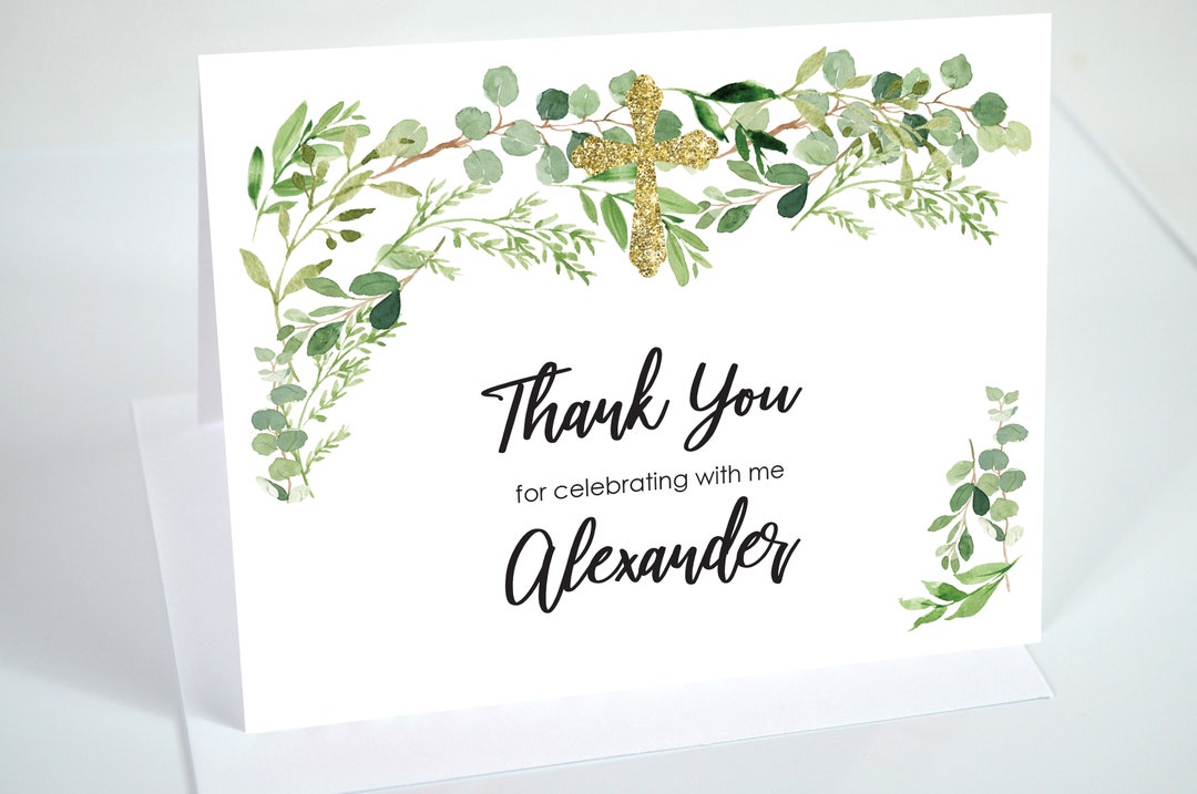 Baptism Thank You Cards Greenery Gold Cross, Baptism Thank You Notes