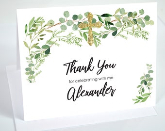 Baptism Thank You Cards Greenery Gold Cross, Baptism Thank You Notes, First Holy Communion Cards - Printed and Shipped - Set of 10