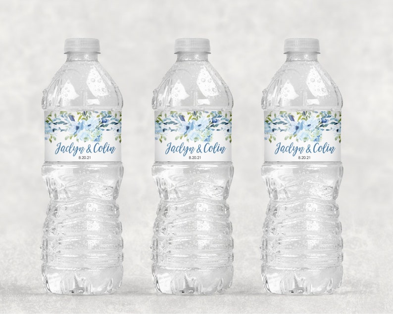 Wedding Water Bottle Labels Blue Floral, Bridal Shower Water Bottle Labels Waterproof Bottle Wraps Set of 10 image 1